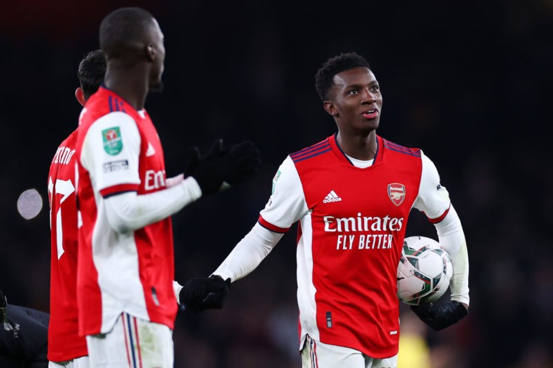 LONDON, ENGLAND - DECEMBER 21: Eddie Nketiah of Arsenal celebrates with the match ball following their side's victory in the Carabao Cup Quarter Final match between Arsenal and Sunderland at Emirates Stadium on December 21, 2021 in London, England. (Photo by Ryan Pierse/Getty Images)