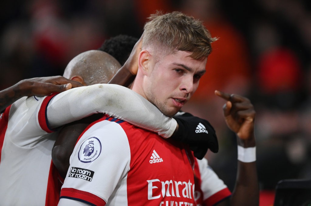 LONDON, ENGLAND - DECEMBER 15: Emile Smith Rowe of Arsenal celebrates after scoring their team's second goal during the Premier League match between Arsenal and West Ham United at Emirates Stadium on December 15, 2021 in London, England. (Photo by Justin Setterfield/Getty Images)