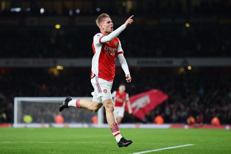 LONDON, ENGLAND - DECEMBER 15: Emile Smith Rowe of Arsenal celebrates after scoring their team's second goal during the Premier League match between Arsenal and West Ham United at Emirates Stadium on December 15, 2021 in London, England. (Photo by Justin Setterfield/Getty Images)