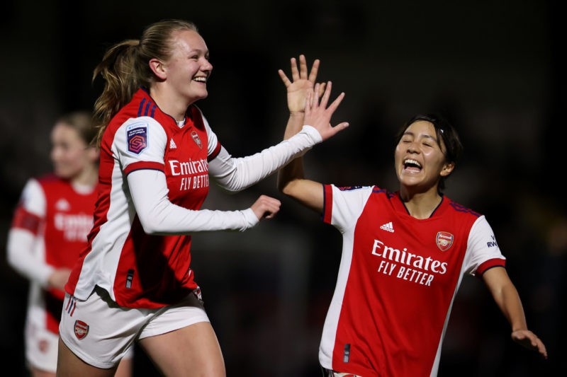 BOREHAMWOOD, ENGLAND - DECEMBER 12: Frida Maanum of Arsenal celebrates with Mana Iwabuchi after scoring their side's fourth goal during the Barclays FA Women's Super League match between Arsenal Women and Leicester City Women at Meadow Park on December 12, 2021 in Borehamwood, England. (Photo by James Chance/Getty Images)