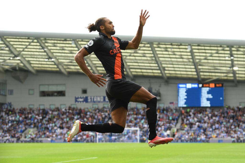 BRIGHTON, ENGLAND: Dominic Calvert-Lewin of Everton celebrates after scoring their side's second goal during the Premier League match between Brighton & Hove Albion and Everton at American Express Community Stadium on August 28, 2021. (Photo by Mike Hewitt/Getty Images)