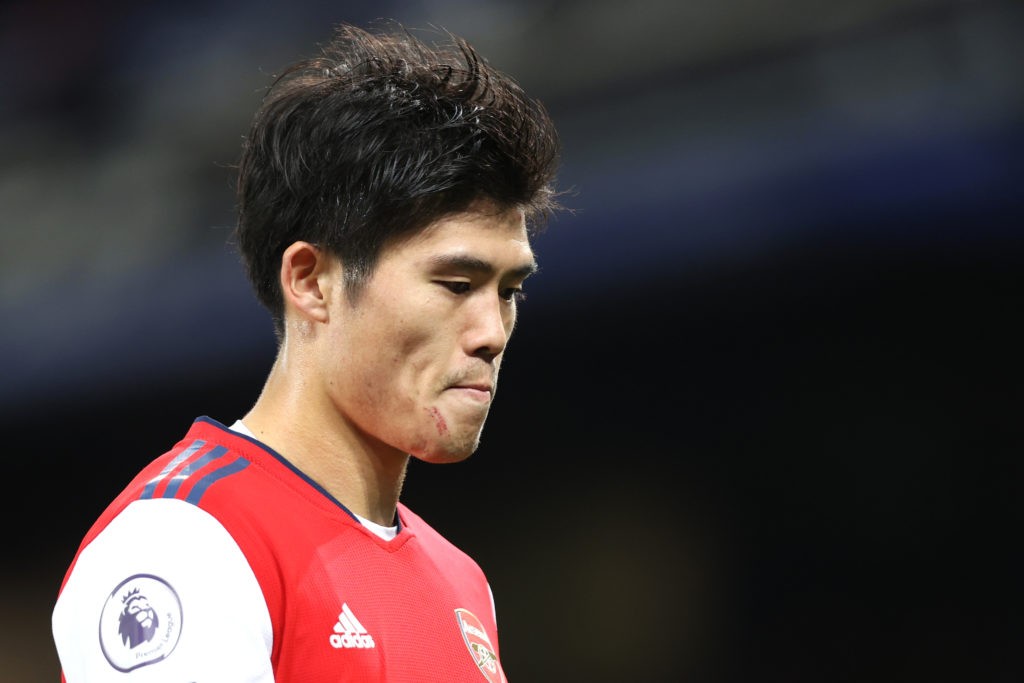 LIVERPOOL, ENGLAND - DECEMBER 06: Takehiro Tomiyasu of Arsenal looks on following the Premier League match between Everton and Arsenal at Goodison Park on December 06, 2021 in Liverpool, England. (Photo by Naomi Baker/Getty Images)
