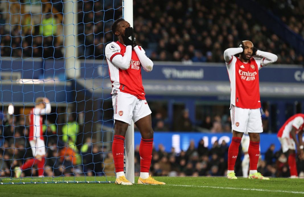 LIVERPOOL, ENGLAND - DECEMBER 06: Eddie Nketiah of Arsenal reacts after missing a chance during the Premier League match between Everton and Arsenal at Goodison Park on December 06, 2021 in Liverpool, England. (Photo by Naomi Baker/Getty Images)