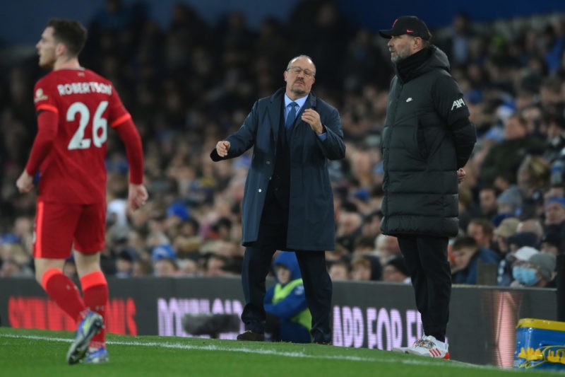 LIVERPOOL, ENGLAND - DECEMBER 01: Rafael Benitez, Manager of Everton reacts during the Premier League match between Everton and Liverpool at Goodison Park on December 01, 2021 in Liverpool, England. (Photo by Laurence Griffiths/Getty Images)
