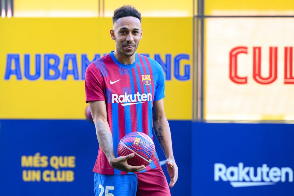 Barcelona's new player Gabonese forward Pierre-Emerick Aubameyang poses for pictures during his official presentation, at the Camp Nou stadium in Barcelona on February 3, 2022. (Photo by LLUIS GENE / AFP) (Photo by LLUIS GENE/AFP via Getty Images)