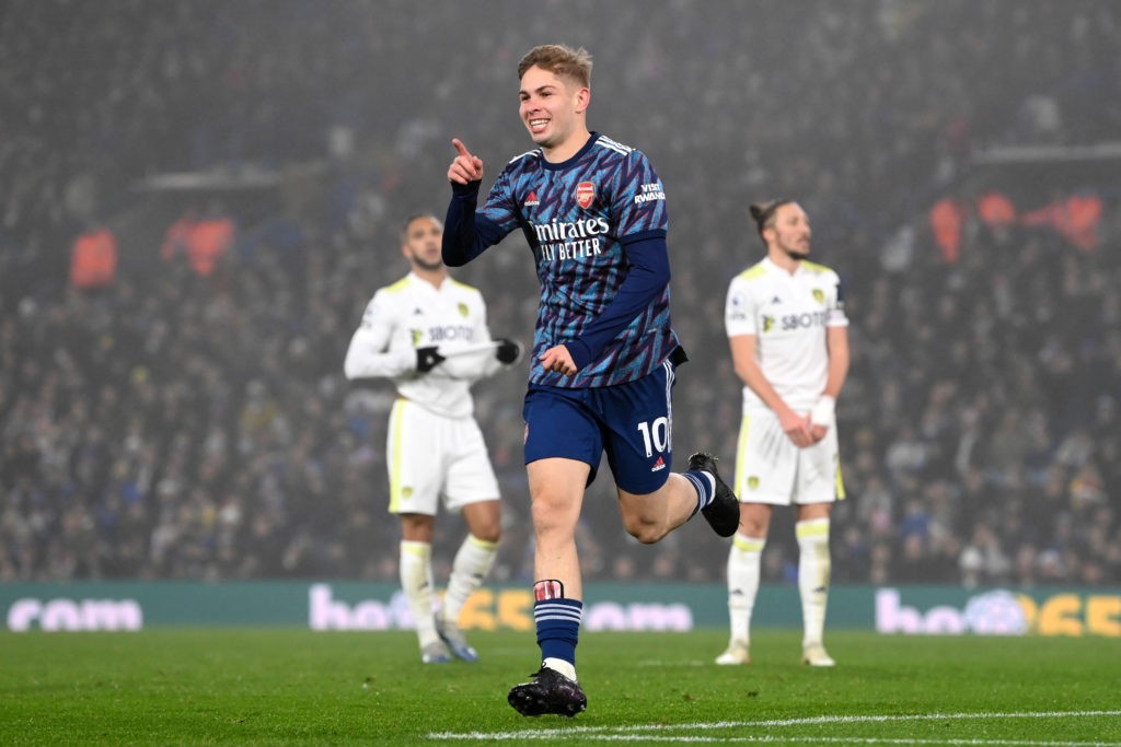 LEEDS, ENGLAND - DECEMBER 18: Emile Smith Rowe of Arsenal celebrates after scoring their team's fourth goal during the Premier League match between Leeds United and Arsenal at Elland Road on December 18, 2021 in Leeds, England. (Photo by Stu Forster/Getty Images)