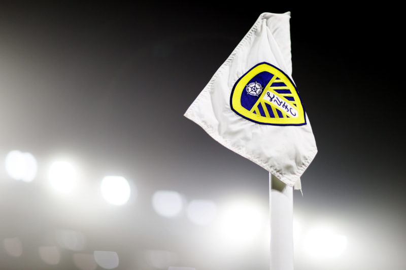 LEEDS, ENGLAND - DECEMBER 18: General view of a corner flag with the Leeds logo on is seen with fog behind inside the stadium ahead of the Premier League match between Leeds United and Arsenal at Elland Road on December 18, 2021 in Leeds, England. (Photo by Naomi Baker/Getty Images)