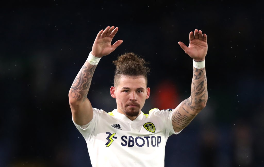 LEEDS, ENGLAND: Kalvin Phillips of Leeds United acknowledges the fans following victory in the Premier League match between Leeds United  and  Crystal Palace at Elland Road on November 30, 2021. (Photo by George Wood / Getty Images)
