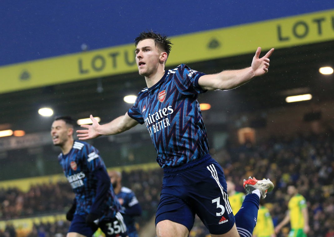 NORWICH, ENGLAND - DECEMBER 26: Kieran Tierney of Arsenal celebrates after scoring their team's second goal during the Premier League match between Norwich City and Arsenal at Carrow Road on December 26, 2021 in Norwich, England. (Photo by Stephen Pond/Getty Images)