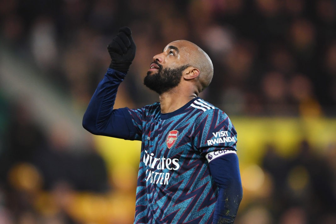 NORWICH, ENGLAND - DECEMBER 26: Alexandre Lacazette of Arsenal celebrates after scoring their team's fourth goal during the Premier League match between Norwich City and Arsenal at Carrow Road on December 26, 2021 in Norwich, England. (Photo by Harriet Lander/Getty Images)