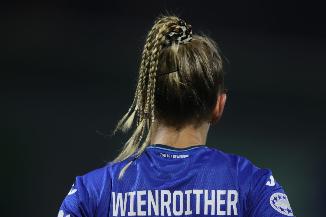 HOFFENHEIM, GERMANY - NOVEMBER 17: Laura Wienroither of Hoffenheim reacts during the UEFA Women's Champions League group C match between 1899 Hoffenheim and FC Barcelona at Ditmar-Hopp-Stadion on November 17, 2021 in Hoffenheim, Germany. (Photo by Alex Grimm/Getty Images)