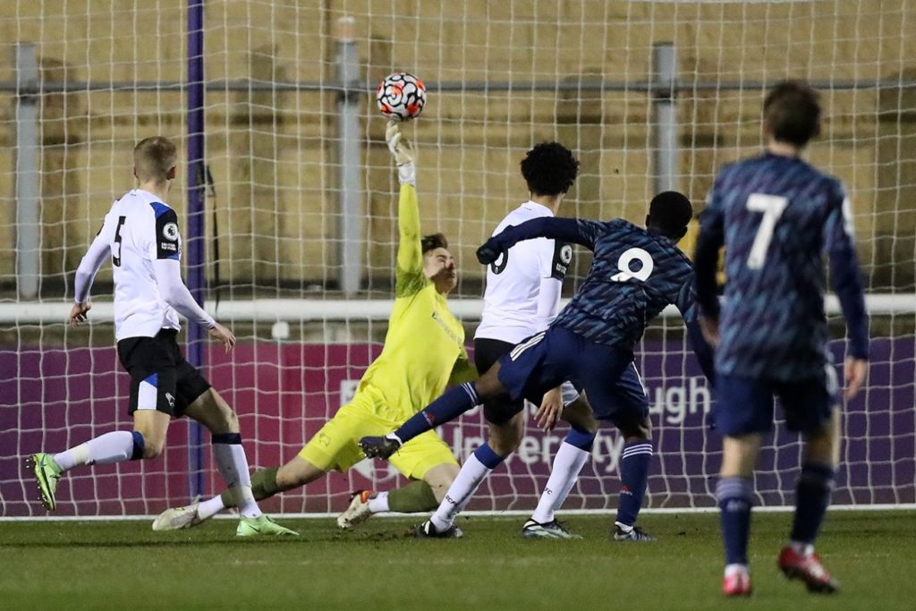 Nathan Butler-Oyedeji sees his effort saved by the Derby goalkeeper (Photo via DCFC.co.uk)