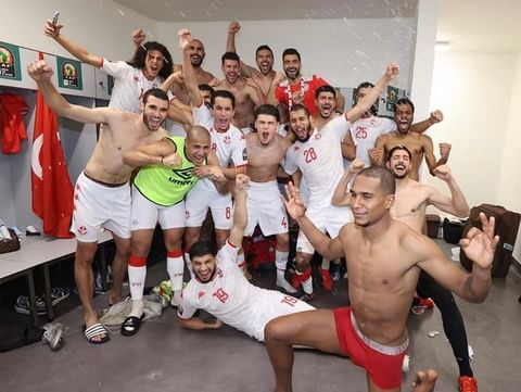 Omar Rekik (number 4) celebrates with the Tunisia squad (Photo via Hannibal.actu on Instagram)