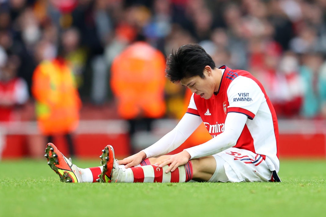 LONDON, ENGLAND - JANUARY 01: Takehiro Tomiyasu of Arsenal reacts during the Premier League match between Arsenal and Manchester City at Emirates Stadium on January 01, 2022 in London, England. (Photo by Catherine Ivill/Getty Images)