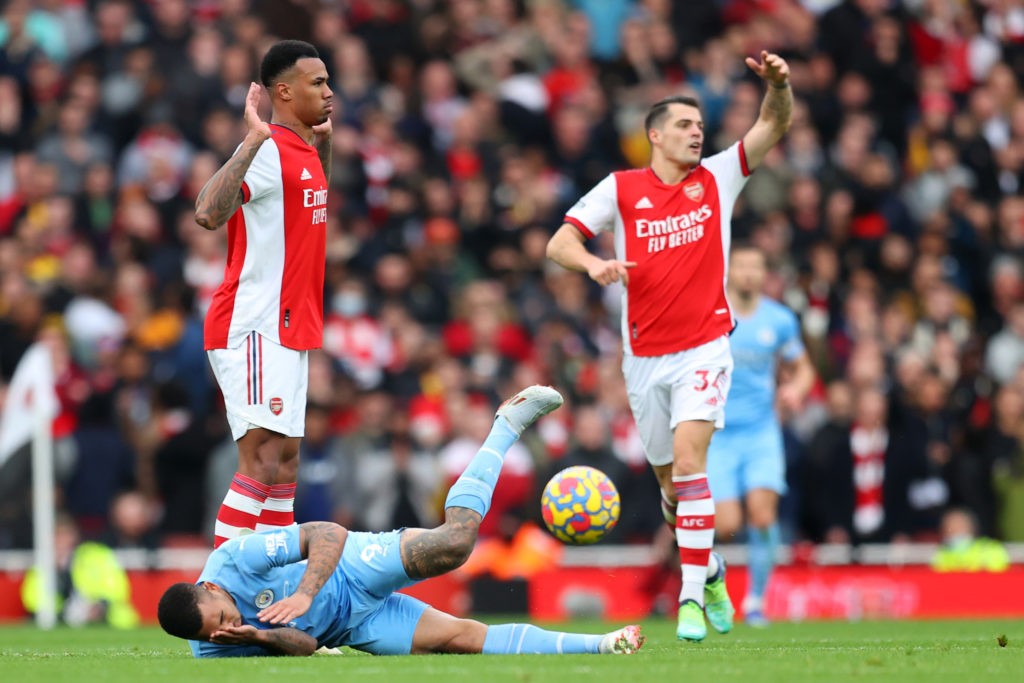 LONDON, ENGLAND: Gabriel Magalhaes of Arsenal reacts after fouling Gabriel Jesus of Manchester City during the Premier League match between Arsenal and Manchester City at Emirates Stadium on January 01, 2022. (Photo by Catherine Ivill / Getty Images)