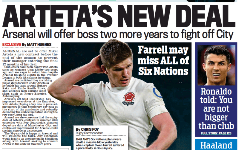 Arteta's new deal - Daily Mail, 22/1/21