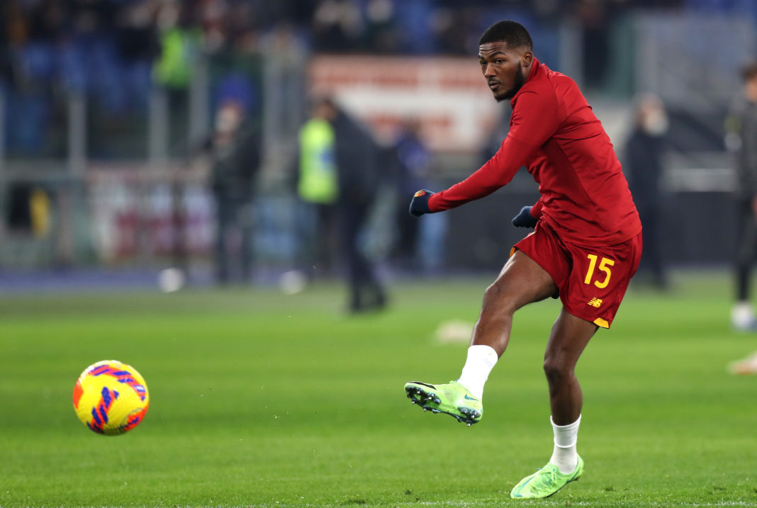 ROME, ITALY: Ainsley Maitland-Niles of AS Roma shoots during the warm-up prior to the Serie A match between AS Roma v Juventus at Stadio Olimpico on January 09, 2022. (Photo by Paolo Bruno / Getty Images)