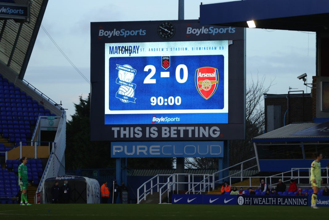 BIRMINGHAM, ENGLAND - JANUARY 09: The scoreboard showing the 2-0 score after the Barclays FA Women's Super League match between Birmingham City Women and Arsenal Women at St Andrew's Trillion Trophy Stadium on January 09, 2022 in Birmingham, England. (Photo by Catherine Ivill/Getty Images)