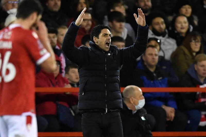Arsenal's Spanish manager Mikel Arteta gestures on the touchline during the English FA Cup third round football match between Nottingham Forest and Arsenal at The City Ground in Nottingham, central England, on January 9, 2022. (Photo by DANIEL LEAL/AFP via Getty Images)