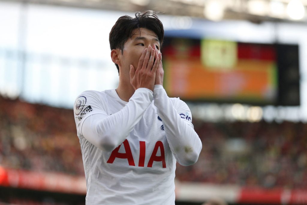 Tottenham Hotspur's South Korean striker Son Heung-Min reacts after missing a chance during the English Premier League football match between Arsenal and Tottenham Hotspur at the Emirates Stadium in London on September 26, 2021. - - RESTRICTED TO EDITORIAL USE. No use with unauthorized audio, video, data, fixture lists, club/league logos or 'live' services. Online in-match use limited to 45 images, no video emulation. No use in betting, games or single club/league/player publications. (Photo by Ian KINGTON / IKIMAGES / AFP) / RESTRICTED TO EDITORIAL USE. No use with unauthorized audio, video, data, fixture lists, club/league logos or 'live' services. Online in-match use limited to 45 images, no video emulation. No use in betting, games or single club/league/player publications. / RESTRICTED TO EDITORIAL USE. No use with unauthorized audio, video, data, fixture lists, club/league logos or 'live' services. Online in-match use limited to 45 images, no video emulation. No use in betting, games or single club/league/player publications. (Photo by IAN KINGTON/IKIMAGES/AFP via Getty Images)