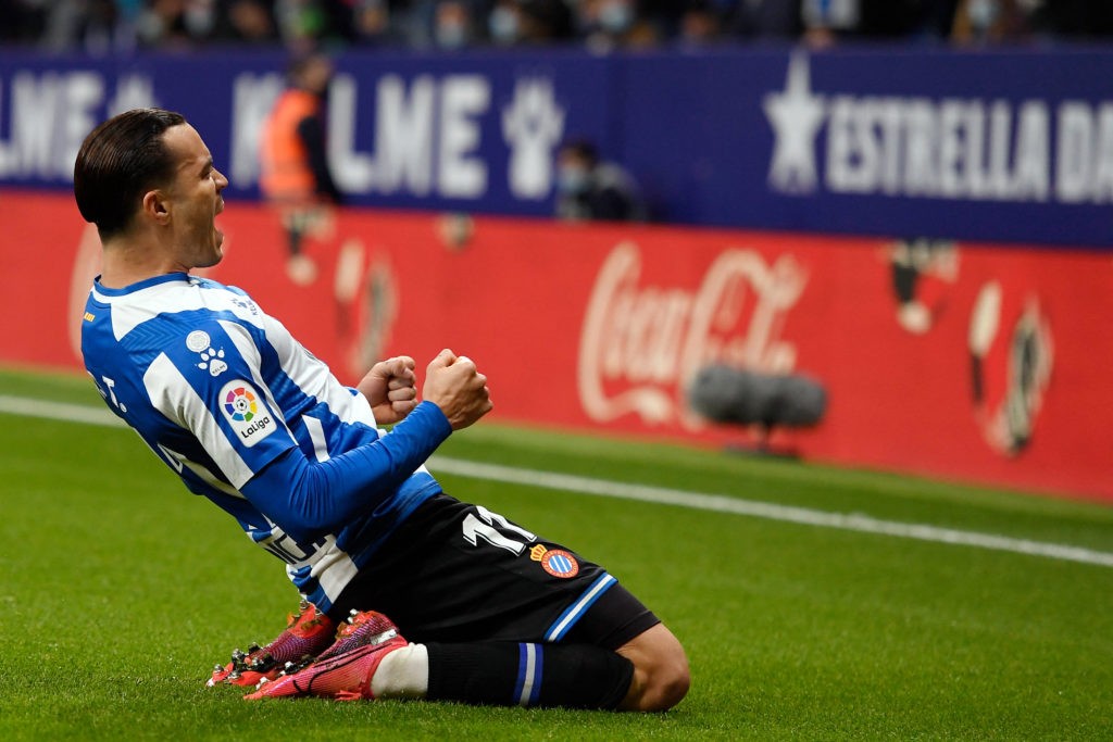 Espanyol's Spanish forward Raul de Tomas celebrates scoring the opening goal during the Spanish league football match between RCD Espanyol and Real Betis at the RCDE Stadium in Cornella de Llobregat on January 21, 2022. (Photo by JOSEP LAGO/AFP via Getty Images)