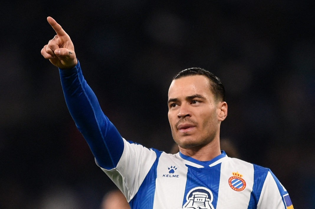 Espanyol's Spanish forward Raul de Tomas celebrates scoring the opening goal during the Spanish league football match between RCD Espanyol and Real Betis at the RCDE Stadium in Cornella de Llobregat on January 21, 2022. (Photo by JOSEP LAGO/AFP via Getty Images)
