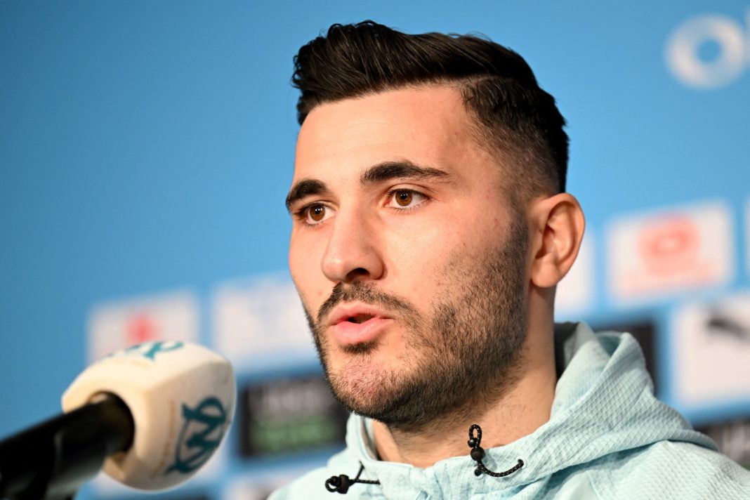 New Olympique de Marseille (OM) French L1 football club's player, Bosnian defender Sead Kolasinac speaks during his official presentation on January 20, 2022 in Marseille, southern France. (Photo by Nicolas TUCAT / AFP) (Photo by NICOLAS TUCAT/AFP via Getty Images)