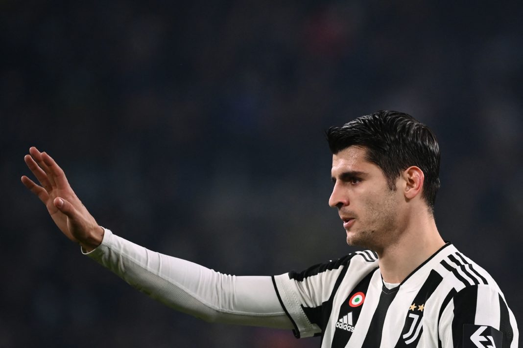 Juventus' Spanish forward Alvaro Morata gestures during the Italian Serie A football match between Juventus and Cagliari on December 21, 2021. (Photo by MARCO BERTORELLO/AFP via Getty Images)