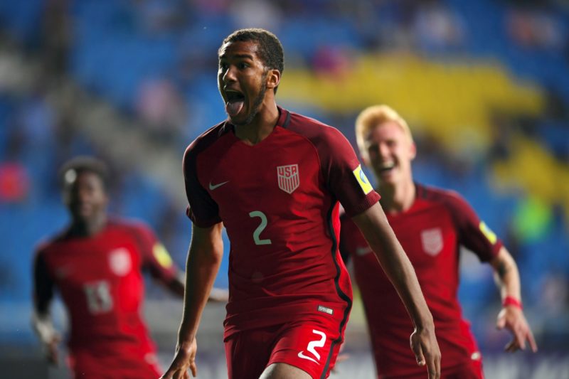USA's Auston Trusty (C) celebrates scoring during their U-20 World Cup round of 16 football match between the US and New Zealand in Incheon on June 1, 2017. / AFP PHOTO / JUNG Yeon-Je (Photo credit should read JUNG YEON-JE/AFP via Getty Images)