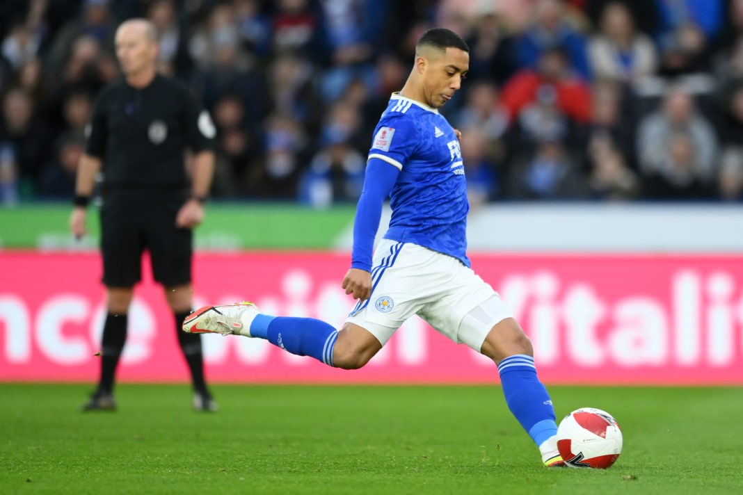 LEICESTER, ENGLAND: Youri Tielemans of Leicester City scores their team's first goal from the penalty spot during the Emirates FA Cup Third Round match between Leicester City and Watford at The King Power Stadium on January 08, 2022. (Photo by Michael Regan / Getty Images)