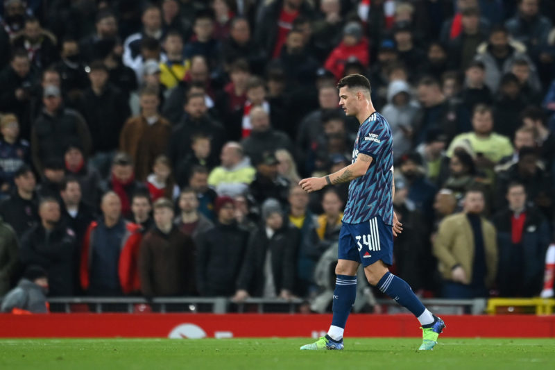 LIVERPOOL, ENGLAND - JANUARY 13: Granit Xhaka of Arsenal leaves the field of play after being sent off during the Carabao Cup Semi Final First Leg match between Liverpool and Arsenal at Anfield on January 13, 2022 in Liverpool, England. (Photo by Michael Regan/Getty Images)