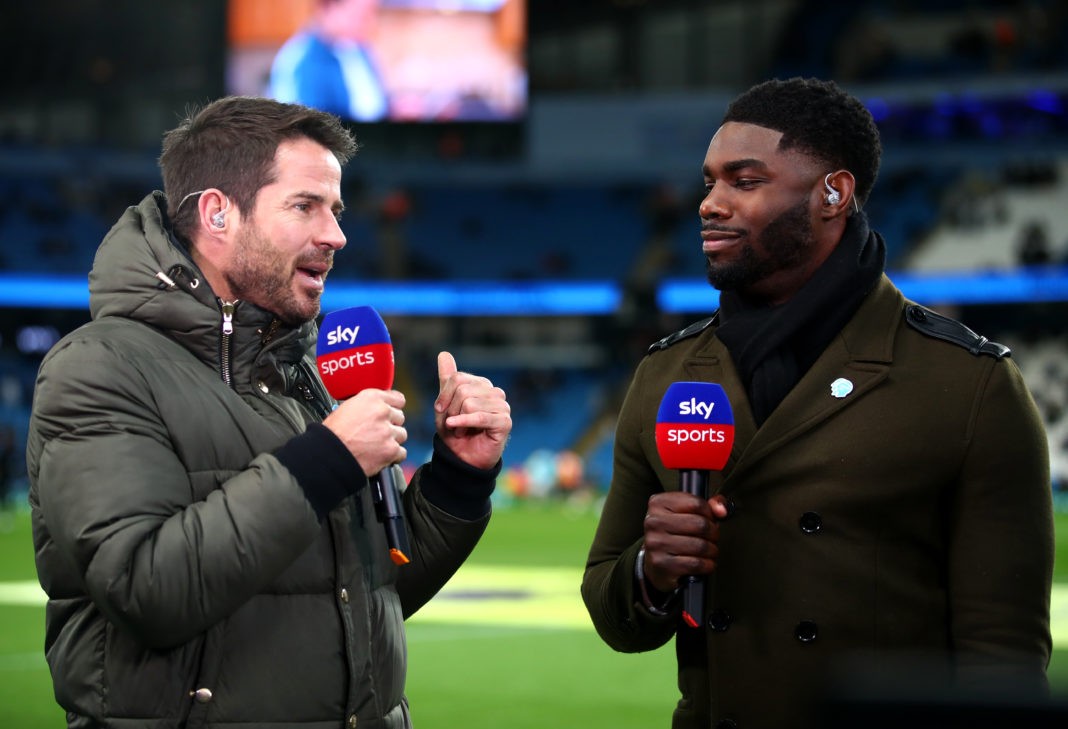 MANCHESTER, ENGLAND: TV Presenter and former footballer Jamie Redknapp talks to former Manchester City player Micah Richards prior to the Premier League match between Manchester City and West Ham United at Etihad Stadium on February 19, 2020. (Photo by Clive Brunskill / Getty Images)