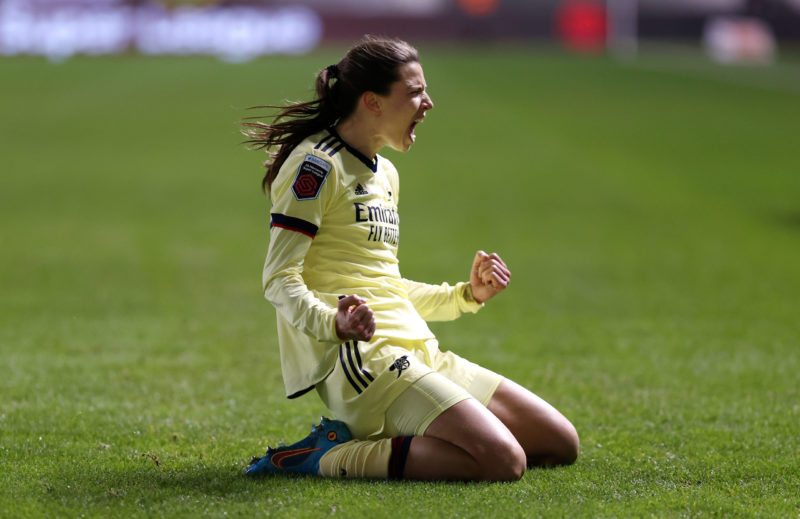 MANCHESTER, ENGLAND - JANUARY 23: Tobin Heath of Arsenal celebrates after scoring their side's first goal during the Barclays FA Women's Super League match between Manchester City Women and Arsenal Women at The Academy Stadium on January 23, 2022 in Manchester, England. (Photo by Naomi Baker/Getty Images)