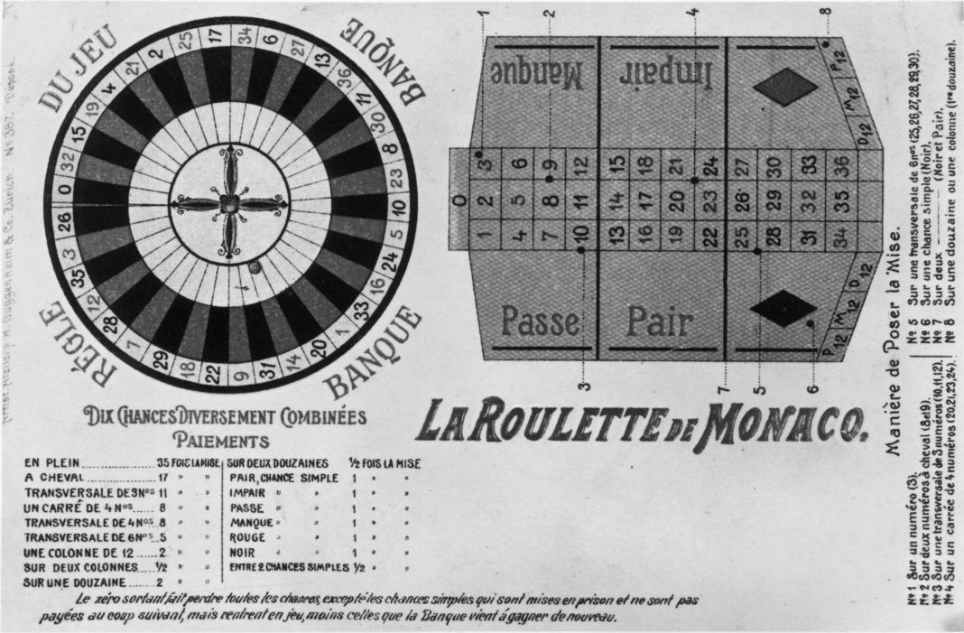circa 1890: A roulette table and wheel with instructions on how to play. (Photo by Henry Guttman/Hulton Archive/Getty Images)