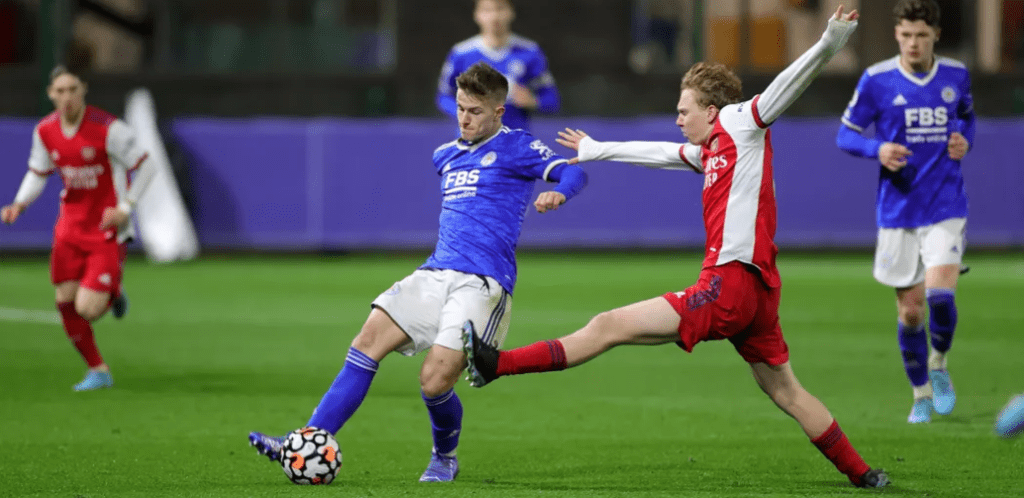 Jack Henry-Francis attempts to make a block for the Arsenal u23s vs Leicester City (Photo via LCFC.com)