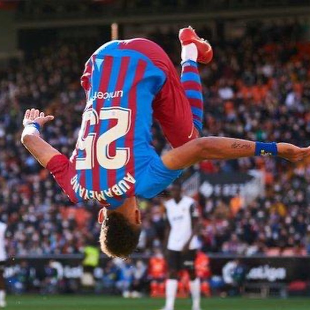 Pierre-Emerick Aubameyang celebrates a goal for Barcelona (Photo via Aubameyang on Instagram)