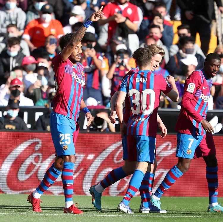 Pierre-Emerick Aubameyang celebrates a goal for Barcelona (Photo via Aubameyang on Instagram)