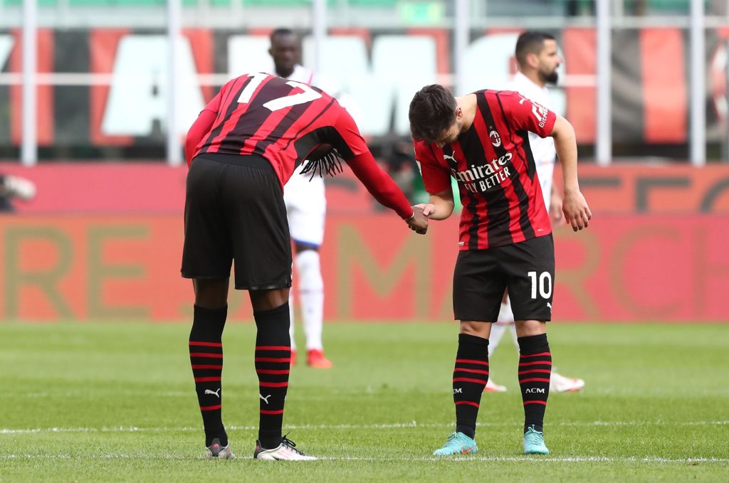 MILAN, ITALY: Rafael Leao of AC Milan celebrates with his team-mate Brahim Diaz after scoring the opening goal during the Serie A match between AC Milan and UC Sampdoria at Stadio Giuseppe Meazza on February 13, 2022. (Photo by Marco Luzzani / Getty Images)