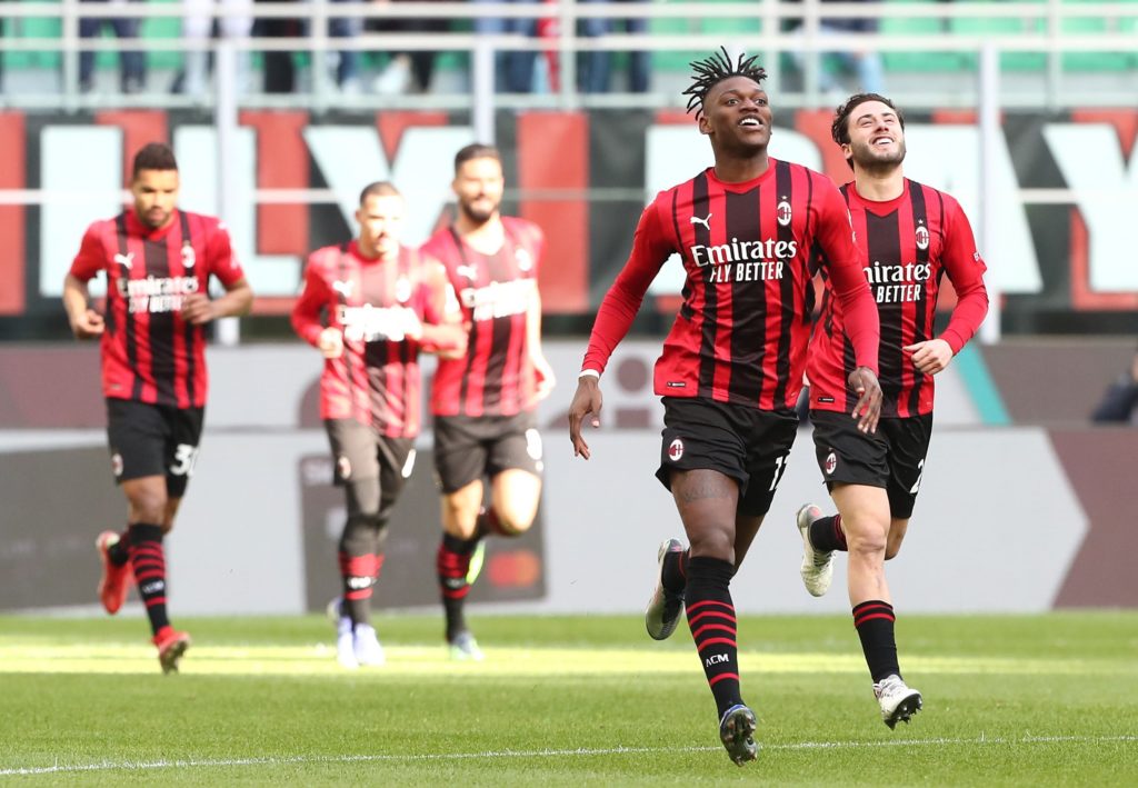 MILAN, ITALY: Rafael Leao of AC Milan celebrates after scoring the opening goal during the Serie A match between AC Milan and UC Sampdoria at Stadio Giuseppe Meazza on February 13, 2022. (Photo by Marco Luzzani / Getty Images)