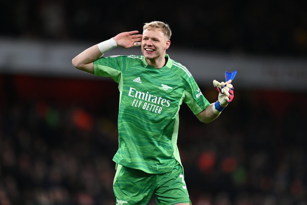 LONDON, ENGLAND: Aaron Ramsdale of Arsenal celebrates following the Premier League match between Arsenal and Wolverhampton Wanderers at Emirates Stadium on February 24, 2022. (Photo by Shaun Botterill / Getty Images)