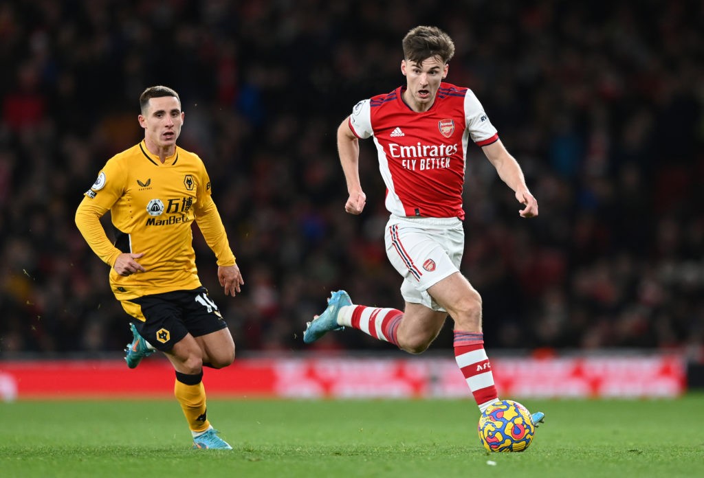 LONDON, ENGLAND - FEBRUARY 24: Kieran Tierney of Arsenal breaks away from Daniel Podence of Woverhampton Wanderers during the Premier League match between Arsenal and Wolverhampton Wanderers at Emirates Stadium on February 24, 2022 in London, England. (Photo by Shaun Botterill/Getty Images)