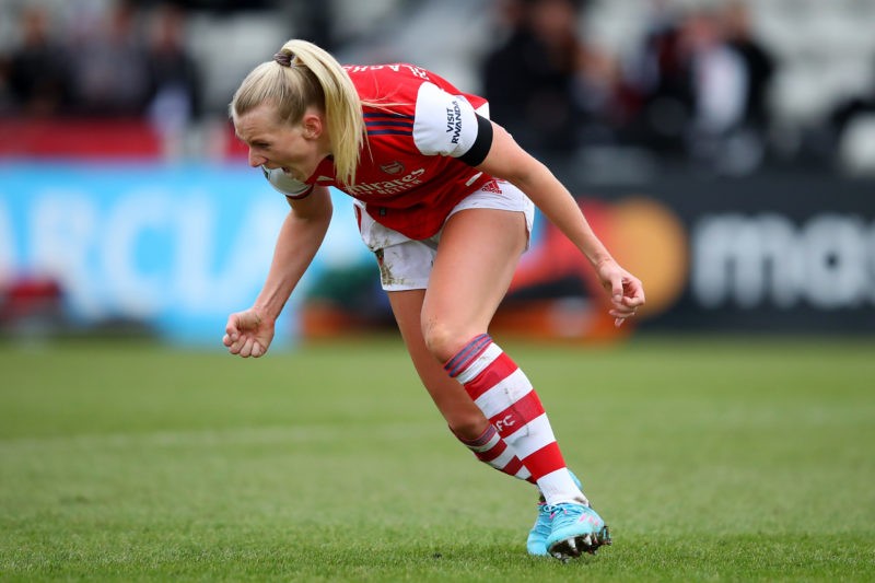 BOREHAMWOOD, ENGLAND - FEBRUARY 05: Stina Blackstenius of Arsenal celebrates after scoring her team's first goal of the game during the Barclays FA Women's Super League match between Arsenal Women and Manchester United Women at Meadow Park on February 05, 2022 in Borehamwood, England. (Photo by Marc Atkins/Getty Images)
