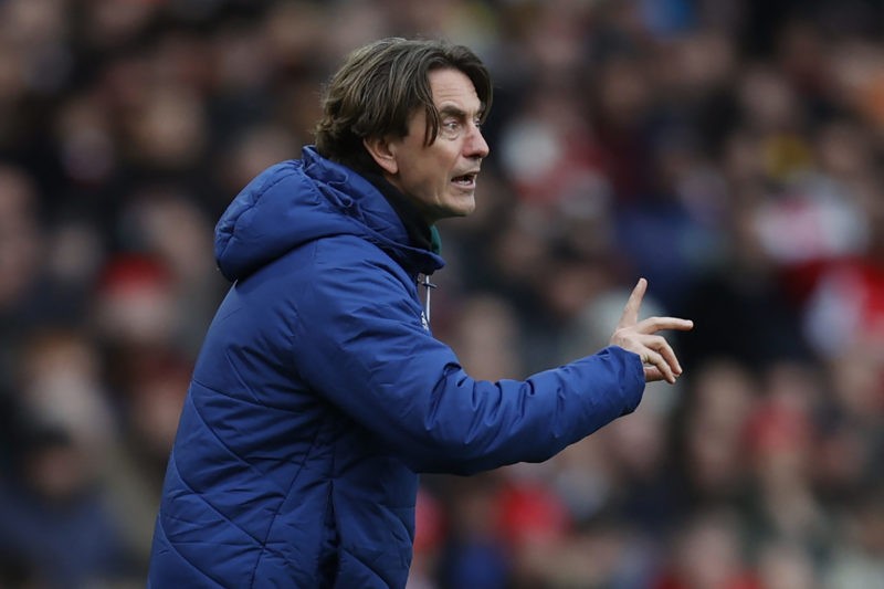 Brentford's Danish head coach Thomas Frank gestures on the touchline during the English Premier League football match between Arsenal and Brentford at the Emirates Stadium in London on February 19, 2022. (Photo by IAN KINGTON/AFP via Getty Images)