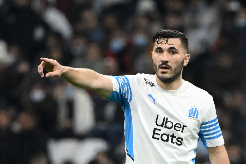 Marseille's Bosnian defender Sead Kolasinac gestures during the French L1 football match between Olympique Marseille (OM) and SCO Angers at Stade Velodrome in Marseille, southern France, on February 4, 2022. (Photo by Nicolas TUCAT / AFP) (Photo by NICOLAS TUCAT/AFP via Getty Images)
