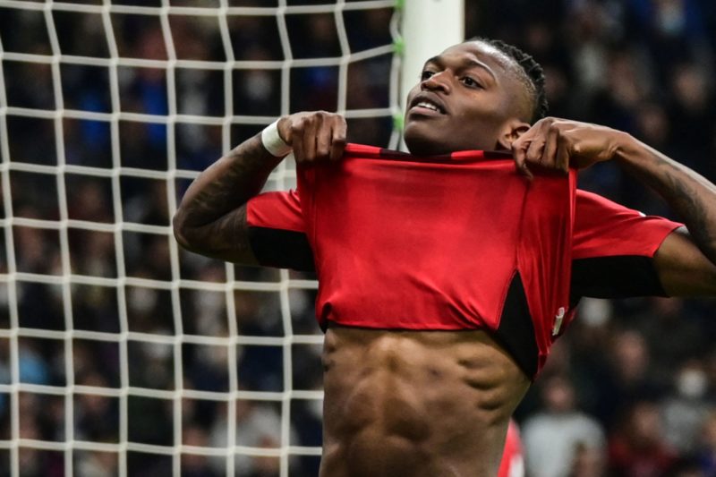 AC Milan's Portuguese forward Rafael Leao reacts after missing a goal opportunity during the Italian Cup (Coppa Italia) semifinal, second leg football match between Inter and AC Milan on April 19, 2022 at the San Siro stadium in Milan. (Photo by MIGUEL MEDINA / AFP) (Photo by MIGUEL MEDINA/AFP via Getty Images)