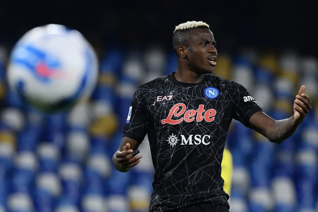 Napoli's Nigerian forward Victor Osimhen reacts during the Italian Serie A football match between Napoli and Bologna on October 28, 2021. (Photo by FILIPPO MONTEFORTE / AFP via Getty Images)