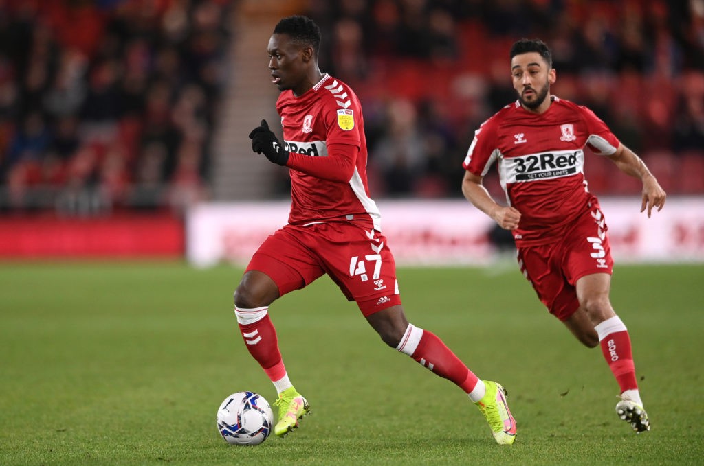 MIDDLESBROUGH, ENGLAND: Folarin Balogun of Middlesbrough on the ball during the Sky Bet Championship match between Middlesbrough and West Bromwich Albion at Riverside Stadium on February 22, 2022. (Photo by Stu Forster / Getty Images)