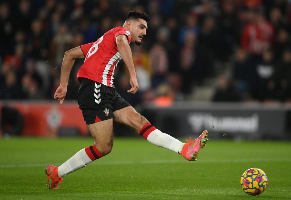 SOUTHAMPTON, ENGLAND: Armando Broja of Southampton scores a goal which is later disallowed due to offside during the Premier League match between Southampton and Manchester City at St Mary's Stadium on January 22, 2022. (Photo by Mike Hewitt / Getty Images)