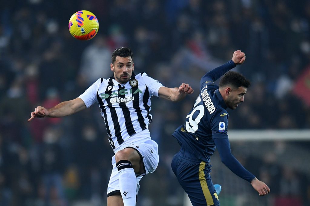 UDINE, ITALY: Pablo Mari of Udinese Calcio competes for the ball with Antonio Sanabria of Torino FC during the Serie A match between Udinese Calcio and Torino FC at Dacia Arena on February 06, 2022. (Photo by Alessandro Sabattini / Getty Images)