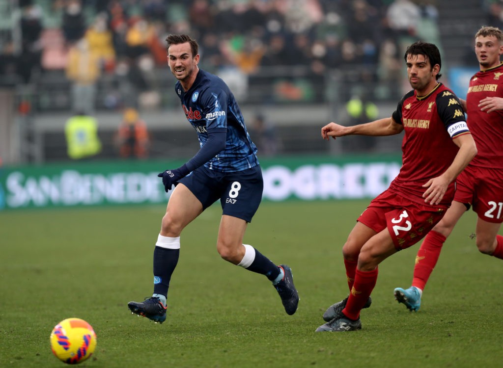 VENICE, ITALY: Pietro Ceccaroni of Venezia competes for the ball with Fabian Ruiz of Napoli during the Serie A match between Venezia FC and SSC Napoli at Stadio Pier Luigi Penzo on February 06, 2022. (Photo by Maurizio Lagana/Getty Images)